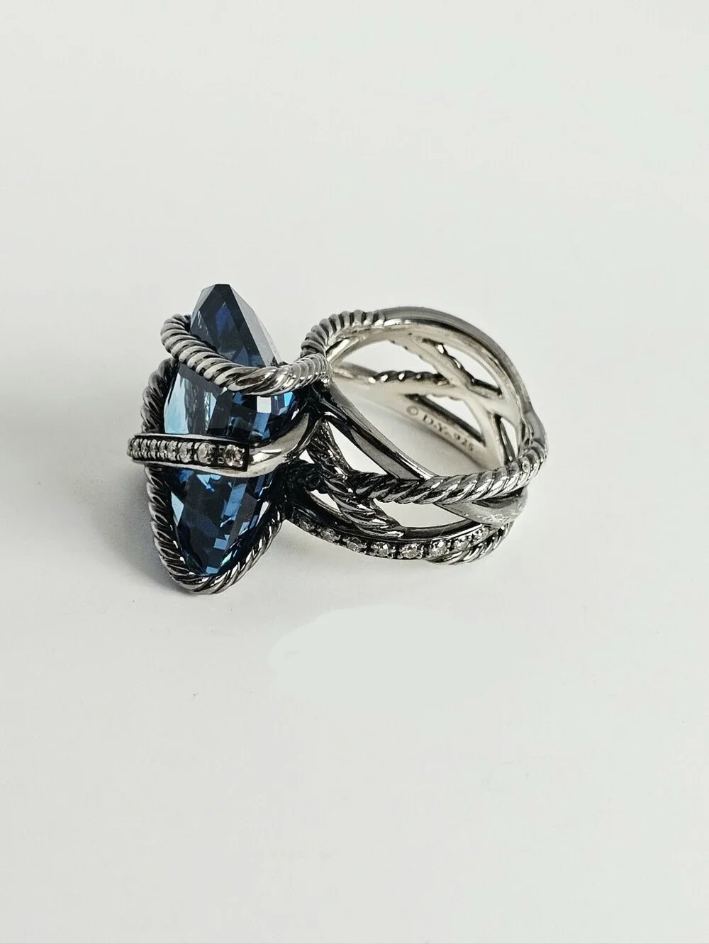 David Yurman 20x15 Hampton Blue Topaz & Diamond Blackened Silver Cable Wrap Ring